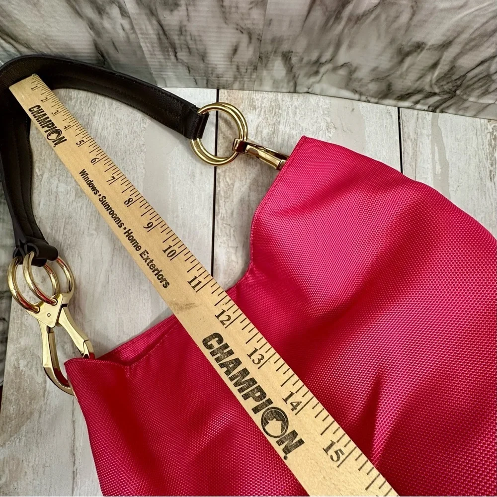 Bold Pink Large Durable Nylon Hobo Tote Bag Single Strap Everyday Multi Pockets